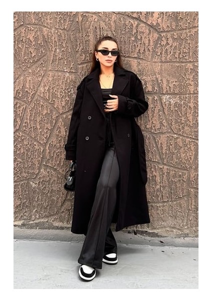 Sophia Siyah Premium Uzun Kaşe Kaban