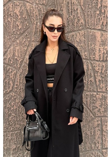 Sophia Siyah Premium Uzun Kaşe Kaban modelleri