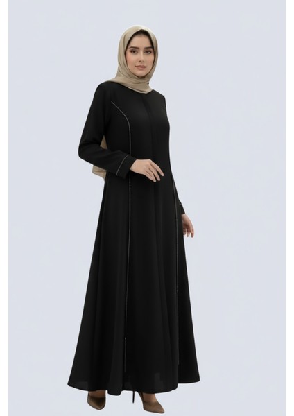 Tesettür Özel Kesim Yanları Taş Detaylı Şık ve Rahat Kadın Ferace Günlük Kullanıma Uygun Zarif Tesettür Elbise Modeli