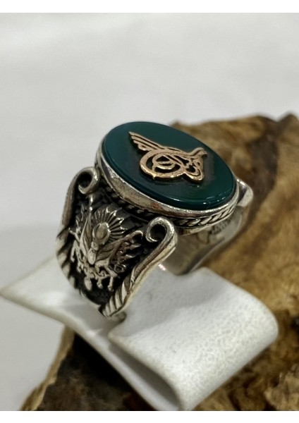 Gümüş Yeşil Taşlı Erkek Yüzük