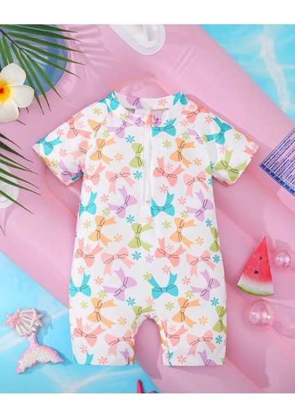 Pastel Fiyonk Desenli Kız Bebek Mayo – Fermuarlı, Rahat Kesim Yazlık Swimwear