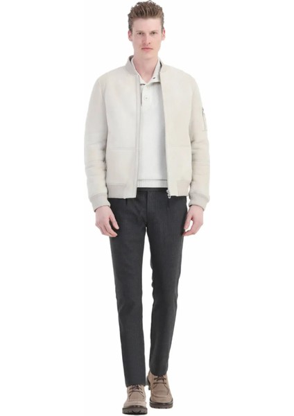 Bej Regular Fit Dik Yaka Casual Kürk Deri Mont