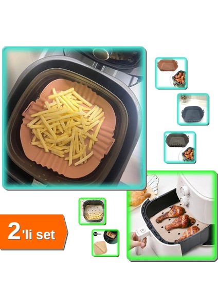 Renkli Isıya Dayanıklı Yıkanılabilir Silikon Kare + 50 Adet Air Fryer Pişirme Kağıdı - 2li Set E0Y7B
