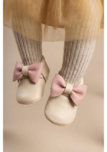 Deri Bebek Ayakkabı 17-21 Numara Ekru Pudra