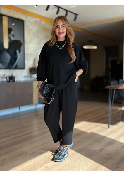 Kadın Uzun Kollu Bisiklet Yaka Viskon Iki Iplik Bluz ve Pantolon Ikili Takım