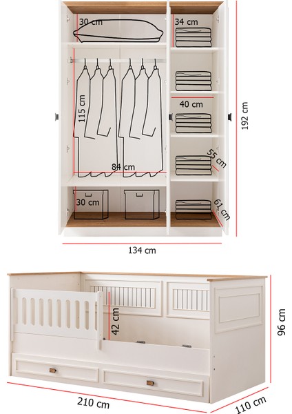 Genç Odası Takımı, Zenit Yavrulu Korkuluklu Sedir Karyola, 3 Kapaklı Dolap,