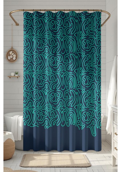 Banyo Perdesi, Yeşil Dalgalar Desenli Duş Perdesi Küvet Perdesi Halka Hediyeli 175X200CM Bp-48