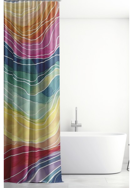 Banyo Perdesi, Renkli Dalgalar Desenli Duş Perdesi, Küvet Perdesi, Halka Hediyeli 175X200CM Bp-04