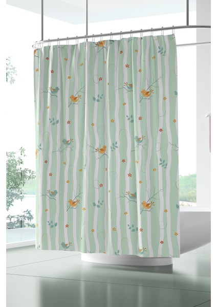 Banyo Perdesi, Kuş ve Çiçek Desenli Duş Perdesi, Küvet Perdesi, Halka Hediyeli 175X200CM Bp-14