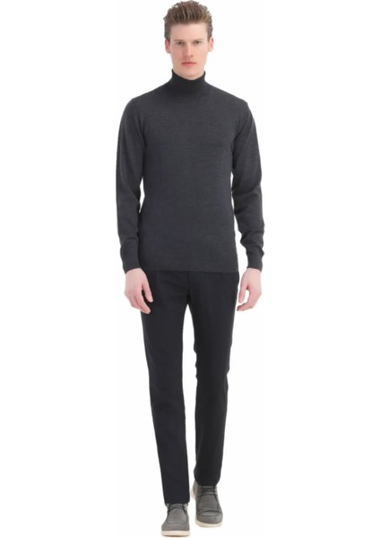 Antrasit Tam Balıkçı Yaka Düz Örgü %100 Yün Triko Kazak
