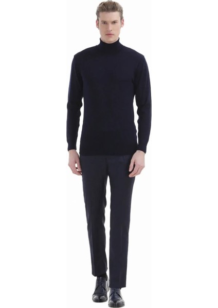 Lacivert Tam Balıkçı Yaka Düz Örgü %100 Yün Triko Kazak