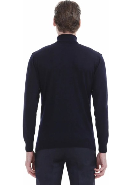 Lacivert Tam Balıkçı Yaka Düz Örgü %100 Yün Triko Kazak