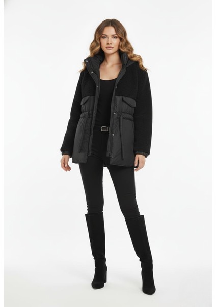 Kadın Teddy Kumaş Detaylı Belden Bağlamalı Fermuarlı Şişme Mont Ceket