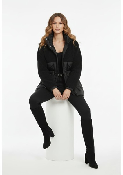 Kadın Teddy Kumaş Detaylı Belden Bağlamalı Fermuarlı Şişme Mont Ceket modelleri