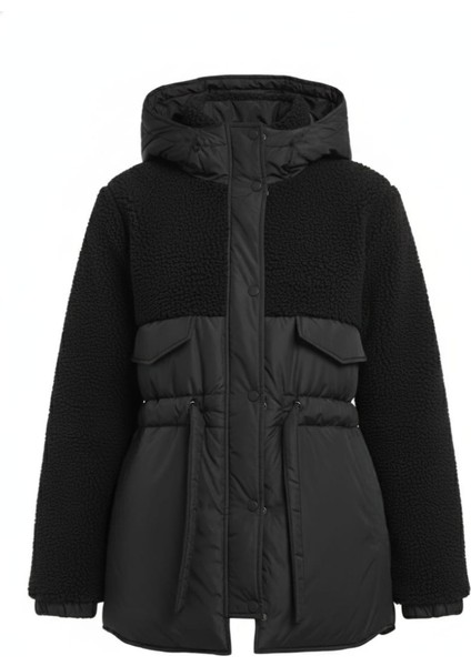 Kadın Teddy Kumaş Detaylı Belden Bağlamalı Fermuarlı Şişme Mont Ceket