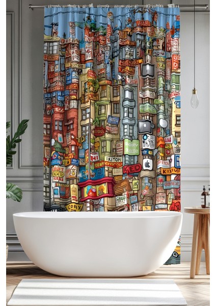 Banyo Perdesi, Renkli Sokaklar Desenli Duş Perdesi, Küvet Perdesi, Halka Hediyeli 175X200CM Bp-44