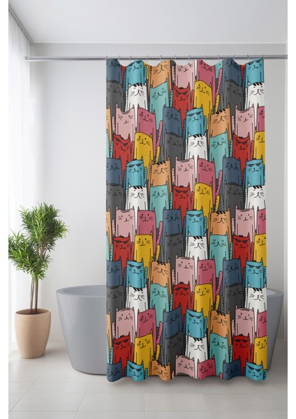 Banyo Perdesi, Stray Cat Kedi Desenli Duş Perdesi, Küvet Perdesi, Halka Hediyeli 175X200CM Bp-57