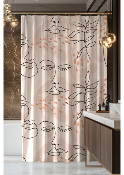 Banyo Perdesi, Çizgisel Kadın Desenli Duş Perdesi, Küvet Perdesi, Halka Hediyeli 175X200CM Bp-63