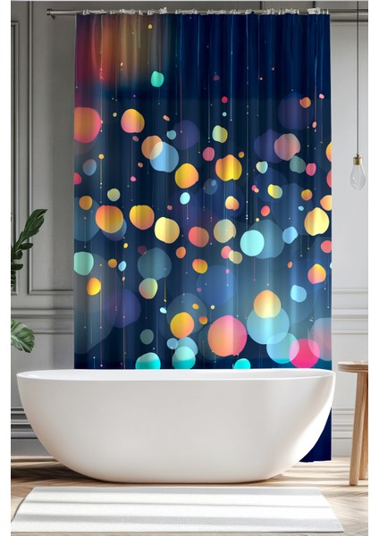 Banyo Perdesi, Renkli Işıklar Desenli Duş Perdesi, Küvet Perdesi, Halka Hediyeli 175X200CM Bp-85