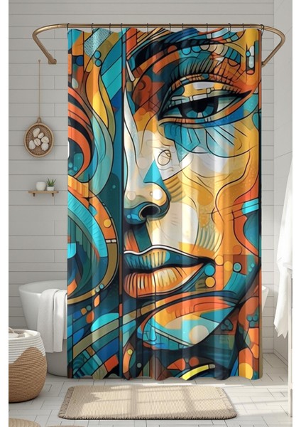 Banyo Perdesi, Renkli Yüz Desenli Duş Perdesi, Küvet Perdesi, Halka Hediyeli 175X200CM Bp-43