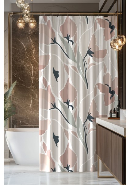 Banyo Perdesi, Mirror Flowers Desenli Duş Perdesi, Küvet Perdesi, Halka Hediyeli 175X200CM BP-103