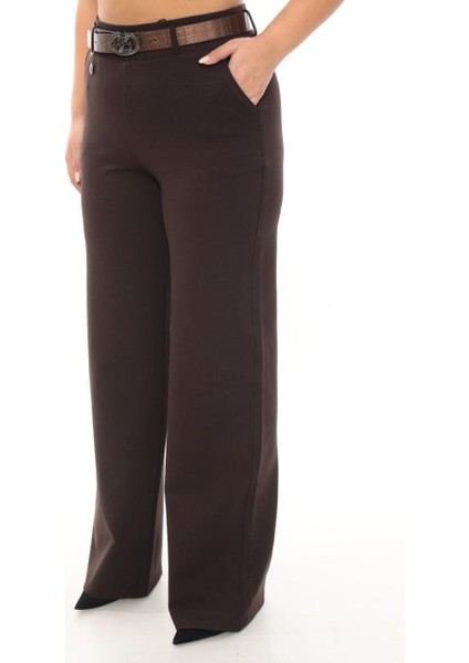 Büyük Beden Toparlayıcı Kemerli Yüksek Bel Geniş Paça Örme Kadın Pantolon