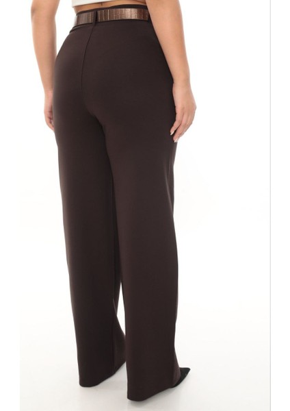 Büyük Beden Toparlayıcı Kemerli Yüksek Bel Geniş Paça Örme Kadın Pantolon modelleri