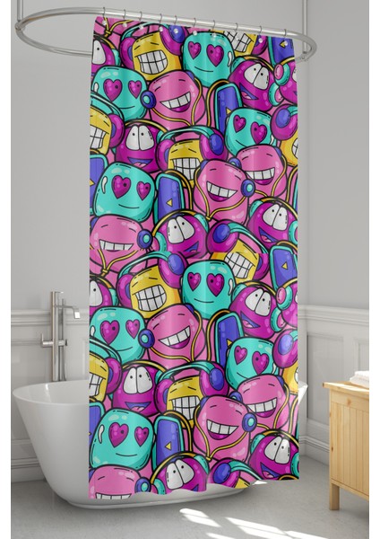 Banyo Perdesi, Sevimli Emoji Desenli Duş Perdesi, Küvet Perdesi, Halka Hediyeli 175X200CM Bp-69
