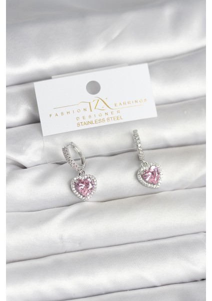 Pirinç Gümüş Pembe Renk Zirkon Taşlı Kalp Model Kadın Küpe - TJ-BKP11395