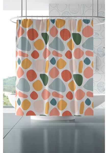 Banyo Perdesi, Renkli Oval 2 Desenli Duş Perdesi, Küvet Perdesi, Halka Hediyeli 175X200CM Bp-29