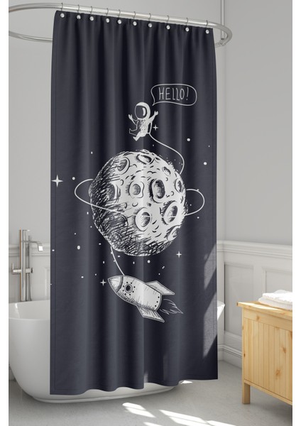 Banyo Perdesi, Hello Uzay Desenli Duş Perdesi, Küvet Perdesi, Halka Hediyeli 175X200CM Bp-58