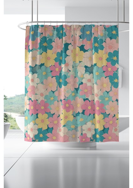 Banyo Perdesi, Renkli Bahçe Desenli Duş Perdesi, Küvet Perdesi, Halka Hediyeli 175X200CM Bp-93