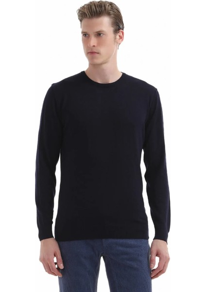 Lacivert Bisiklet Yaka Düz Örgü %100 Yün Triko Kazak