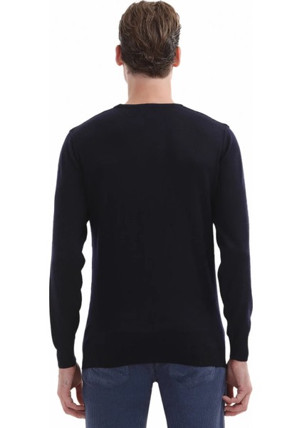 Lacivert Bisiklet Yaka Düz Örgü %100 Yün Triko Kazak