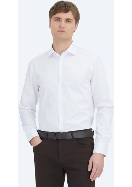 Beyaz Düz Regular Fit Dokuma Klasik %100 Pamuk Gömlek