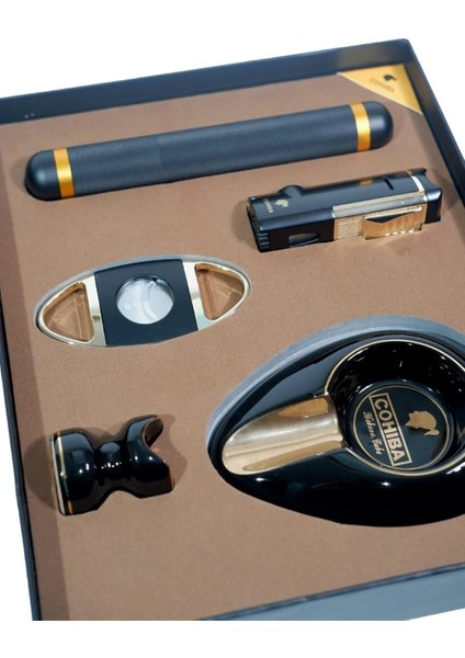 Çakmak Kesici Küllük Sehpa Tüp Beşli Siyah - Gold Puro Seti