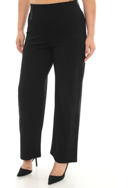 Büyük Beden Toparlayıcı Yüksek Bel Geniş Paça Taş Detaylı Örme Kadın Pantolon