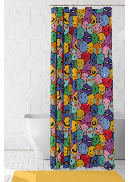 Banyo Perdesi, Emoji Desenli Duş Perdesi, Küvet Perdesi, Halka Hediyeli 175X200CM BP-105
