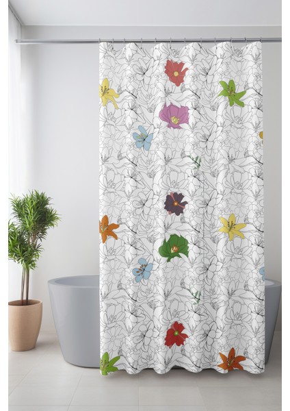 Banyo Perdesi, Çiçek Serisi Desenli Duş Perdesi, Küvet Perdesi, Halka Hediyeli 175X200CM BP-104