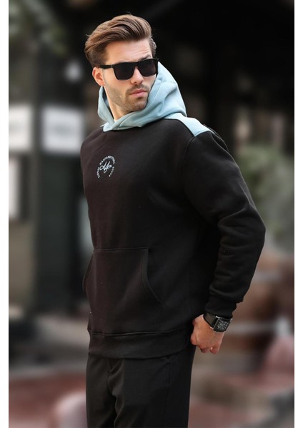 Siyah Kapüşonlu Renk Bloklu Nakış Detaylı Erkek Sweatshirt 7088