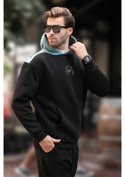 Siyah Kapüşonlu Renk Bloklu Nakış Detaylı Erkek Sweatshirt 7088 modelleri