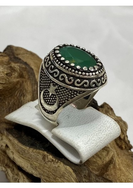 Gümüş Yeşil Taşlı Erkek Yüzük