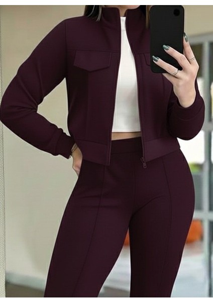 Kadın Uzun Kollu Önden Fermuarlı Kısa Modal Mor Ceket ve Pantolon Ikili Takım fiyatları