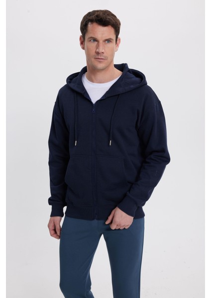 Erkek Relax Fit Rahat Kesim Pamuklu Tam Fermuarlı Kanguru Cepli sırt Çantalı Lacivert Sweatshirt