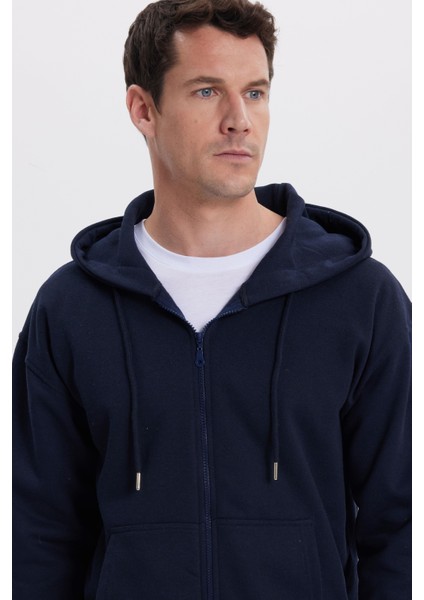 Erkek Relax Fit Rahat Kesim Pamuklu Tam Fermuarlı Kanguru Cepli sırt Çantalı Lacivert Sweatshirt fiyatları