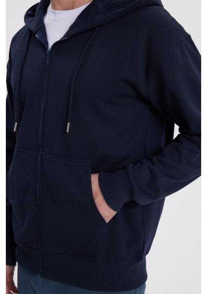 Erkek Relax Fit Rahat Kesim Pamuklu Tam Fermuarlı Kanguru Cepli sırt Çantalı Lacivert Sweatshirt modelleri