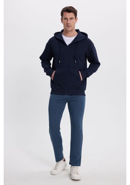 Erkek Relax Fit Rahat Kesim Pamuklu Tam Fermuarlı Kanguru Cepli sırt Çantalı Lacivert Sweatshirt fırsatları