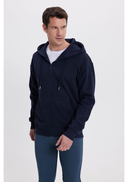 Erkek Relax Fit Rahat Kesim Pamuklu Tam Fermuarlı Kanguru Cepli sırt Çantalı Lacivert Sweatshirt indirimleri