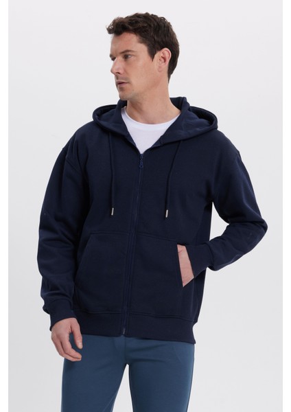 Erkek Relax Fit Rahat Kesim Pamuklu Tam Fermuarlı Kanguru Cepli sırt Çantalı Lacivert Sweatshirt