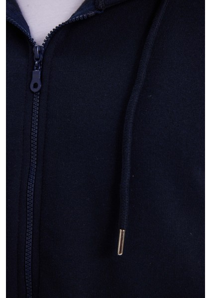 Erkek Relax Fit Rahat Kesim Pamuklu Tam Fermuarlı Kanguru Cepli sırt Çantalı Lacivert Sweatshirt